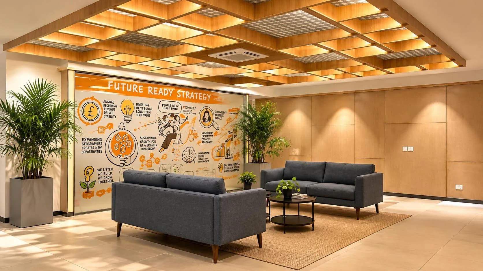 A breakout lounge set against a hand-illustrated mural of One Advanced's Future Ready Strategy