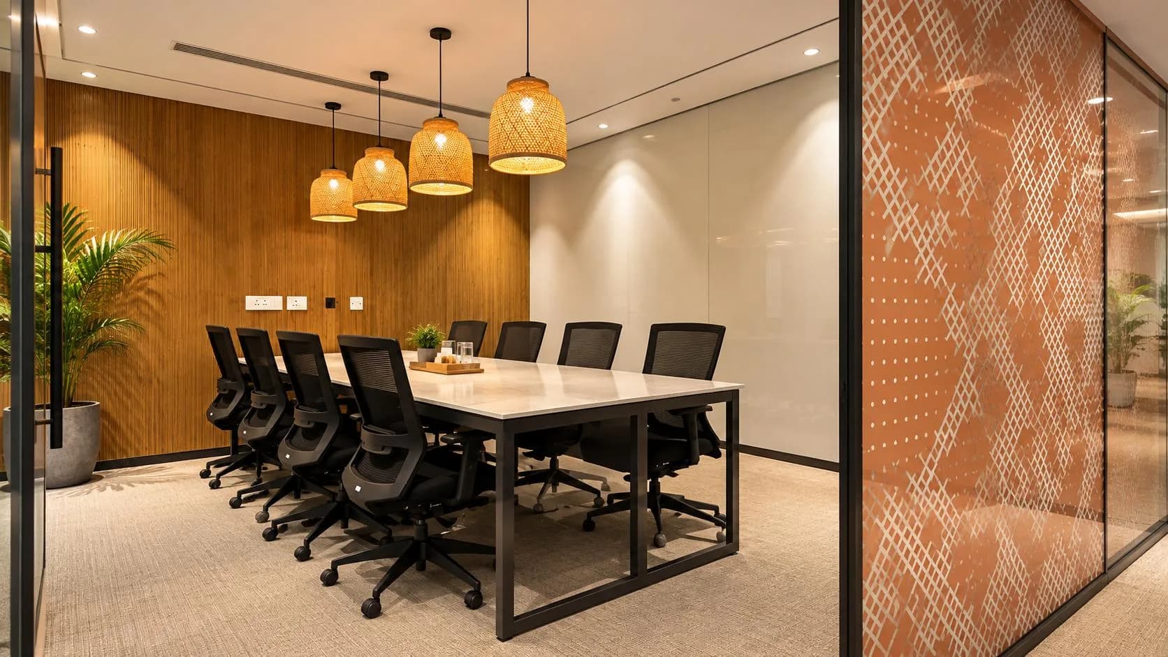 A dedicated meeting room with woven pendant lights, a timber-slat wall and frosted glass in One Advanced's orange