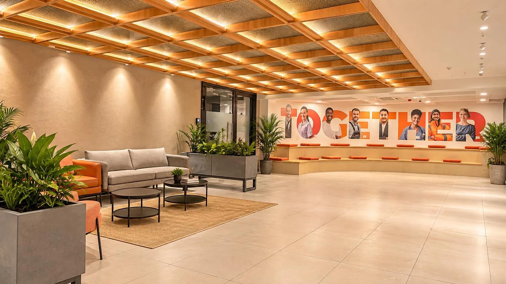 Reception lounge with a timber-grid ceiling and One Advanced's Together brand wall above tiered seating