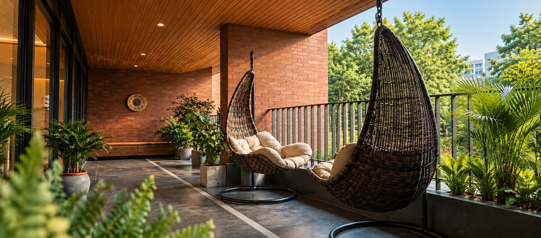 A balcony at ClayWorks 371 with hanging chairs overlooking greenery