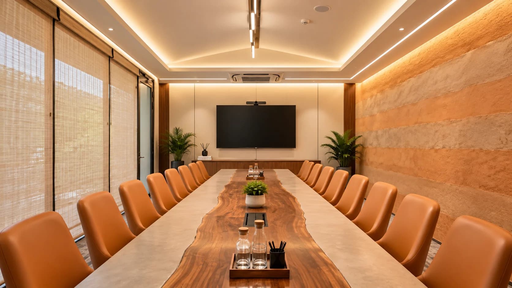 The boardroom at ClayWorks 371, with a live-edge table and rammed-earth wall